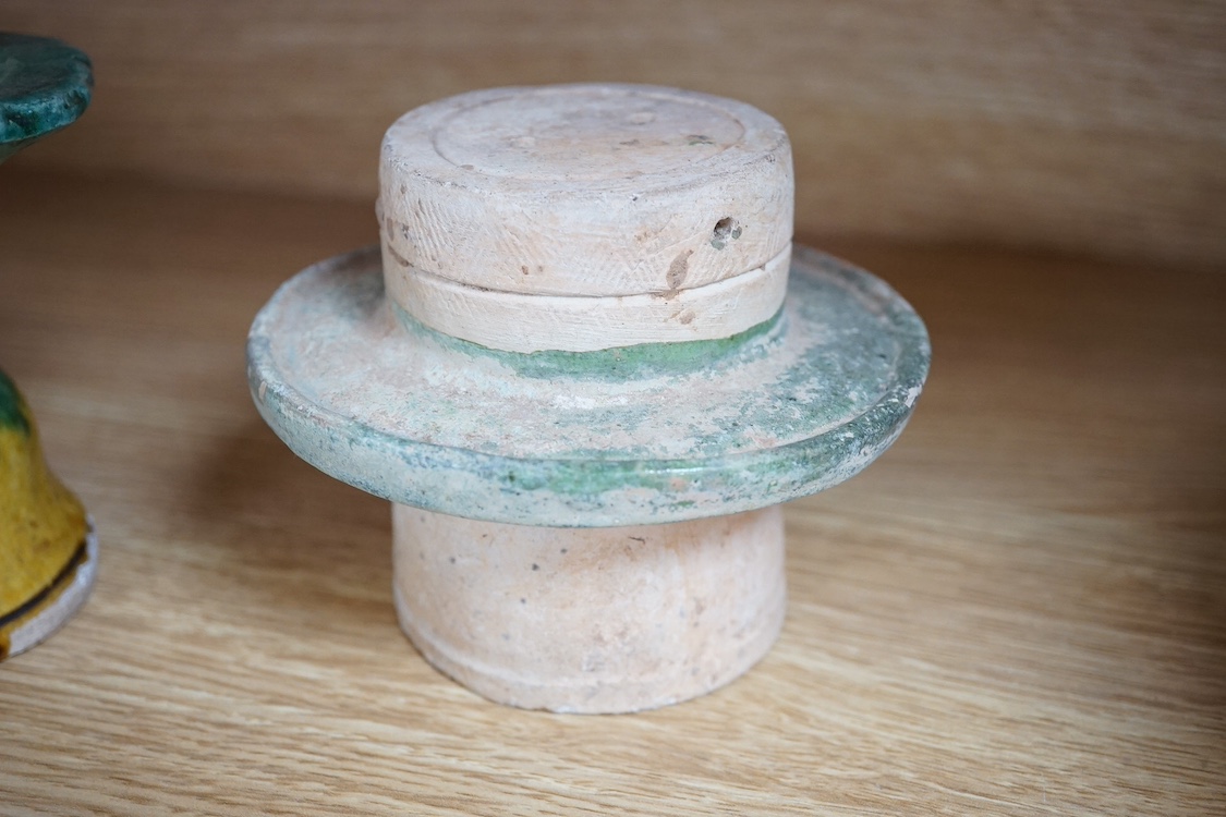 Four Tang dynasty and later pottery items, to include an ear cup, largest 15cm high. Condition - fair
